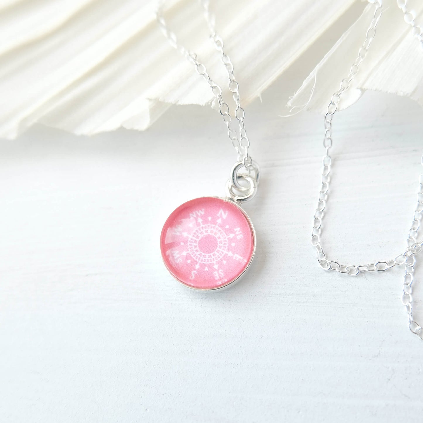 Sterling Silver Coral Pink Compass Necklace