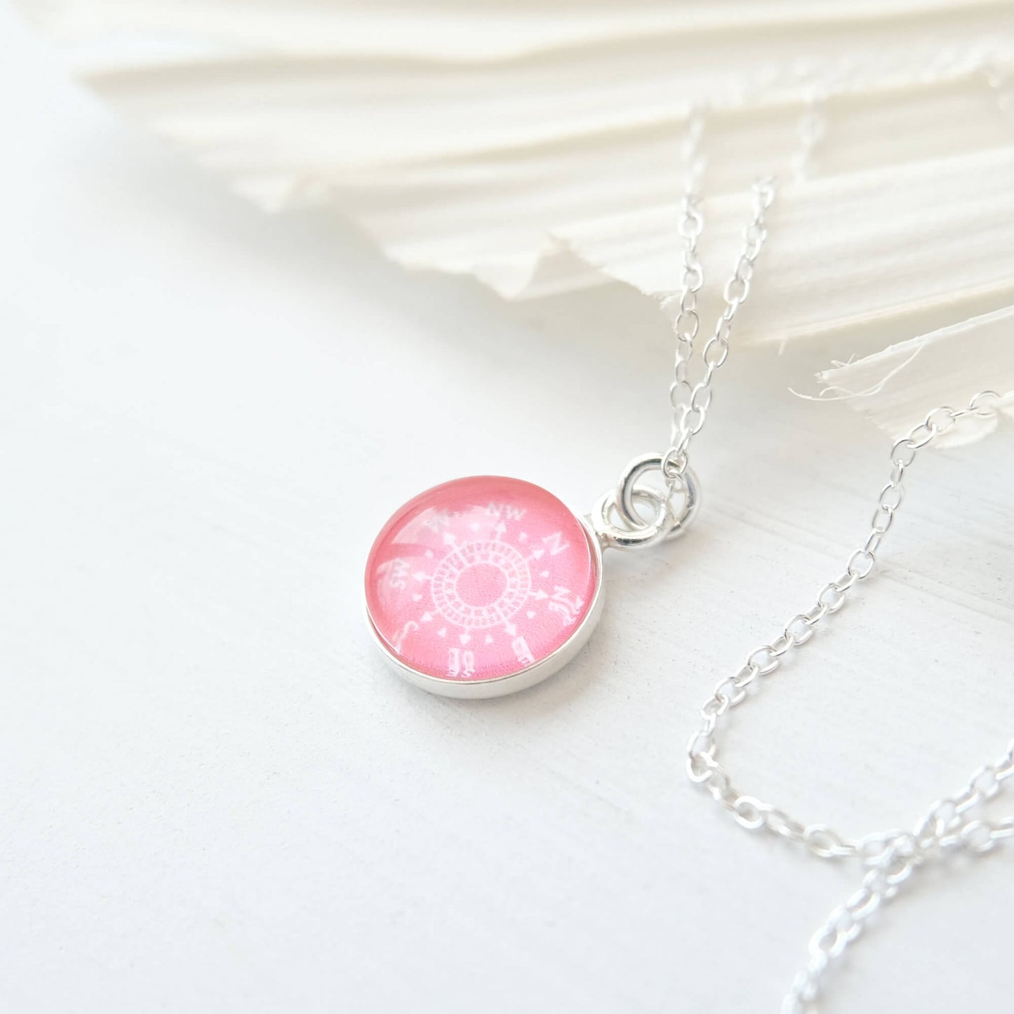 Sterling Silver Coral Pink Compass Necklace