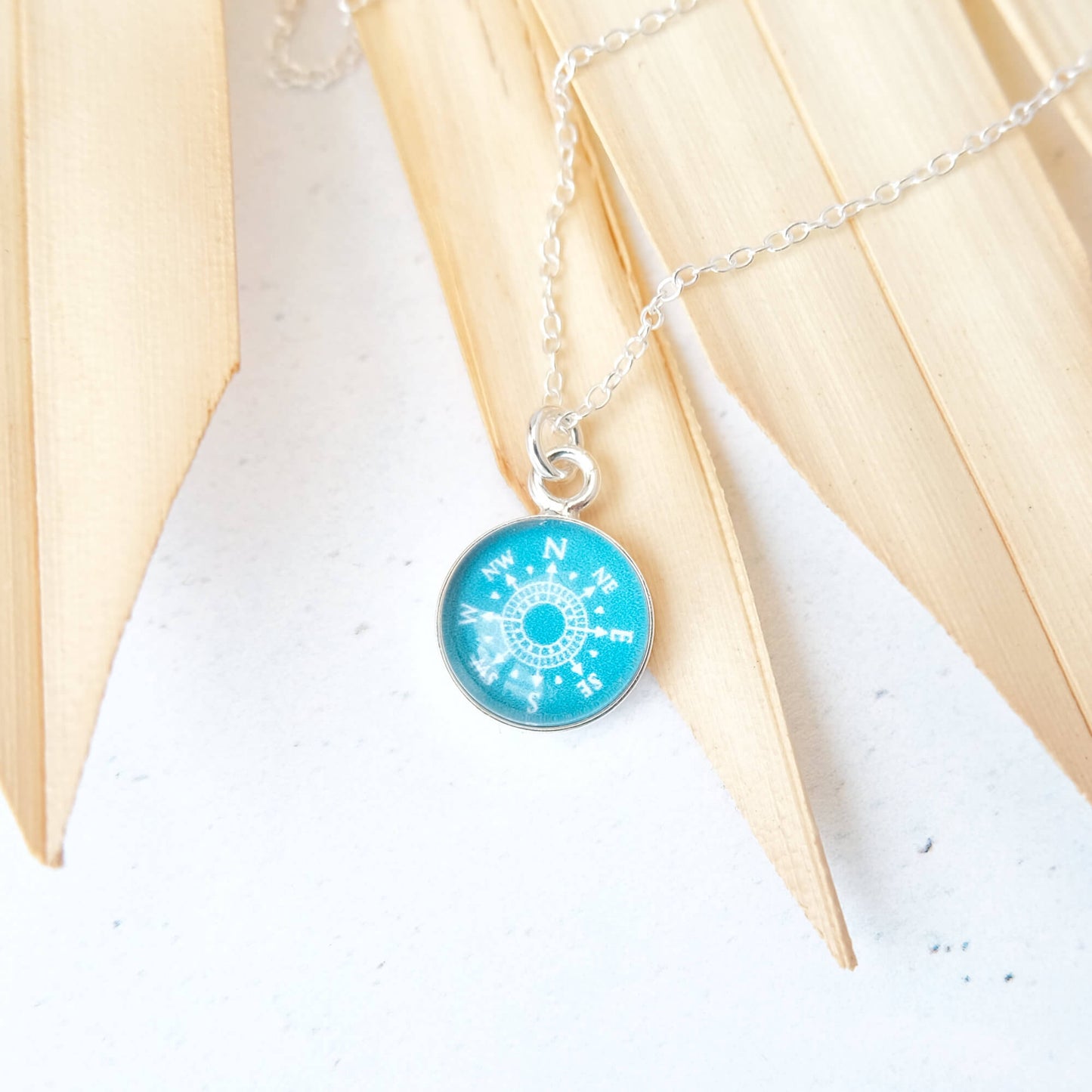 Sterling Silver Teal Green Compass Necklace
