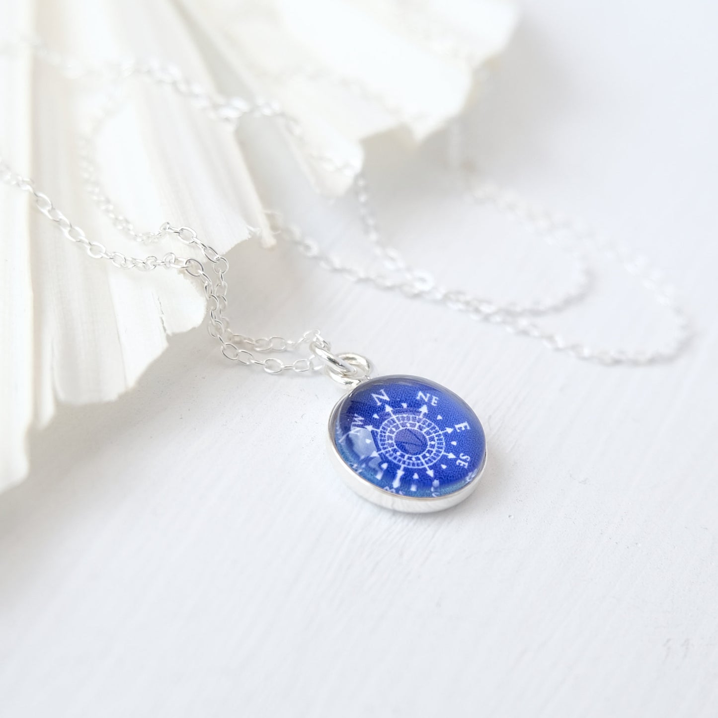 Navy Blue Sterling Silver Compass Necklace