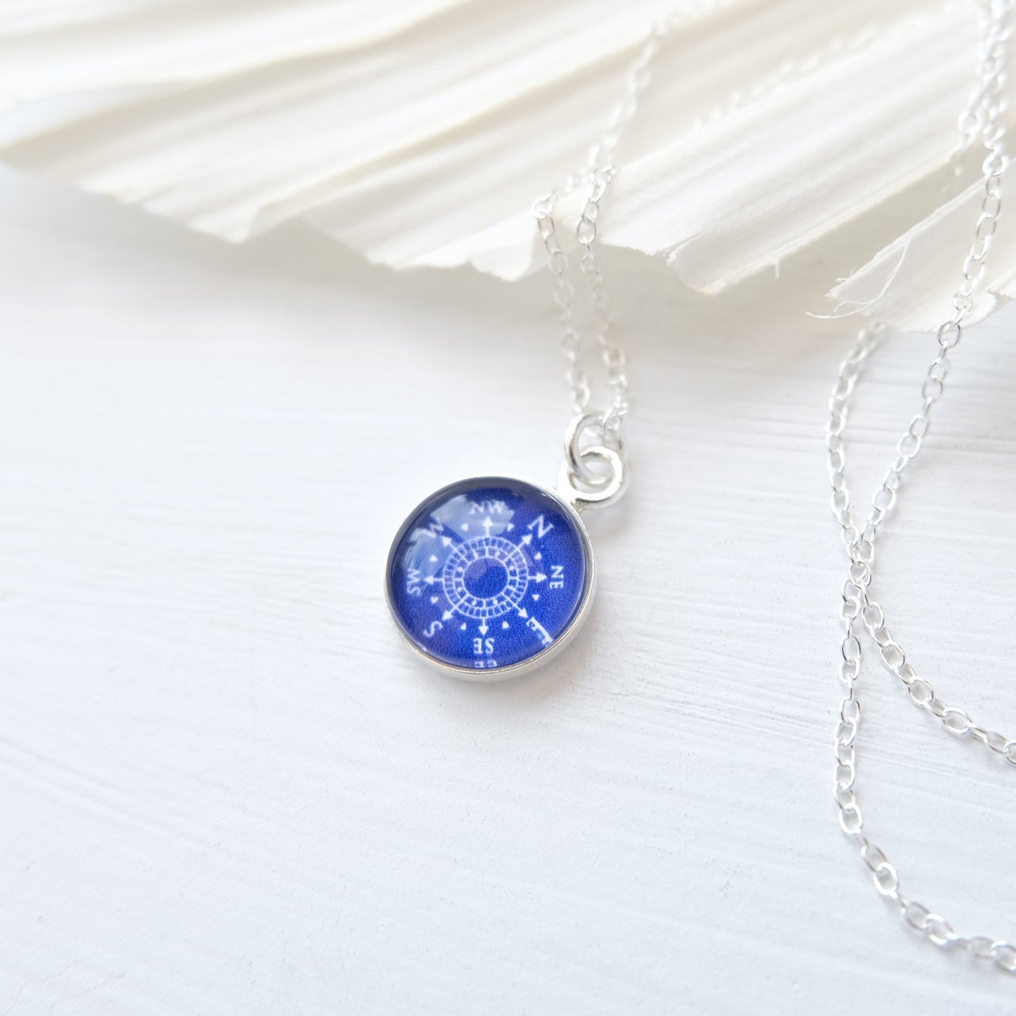 Navy Blue Sterling Silver Compass Necklace