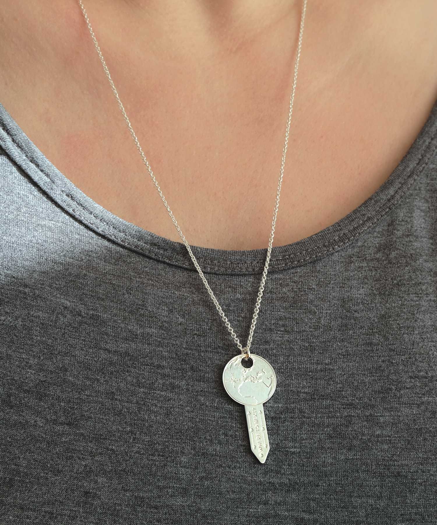 Key to the World Travel Necklace Worn Cassiopi