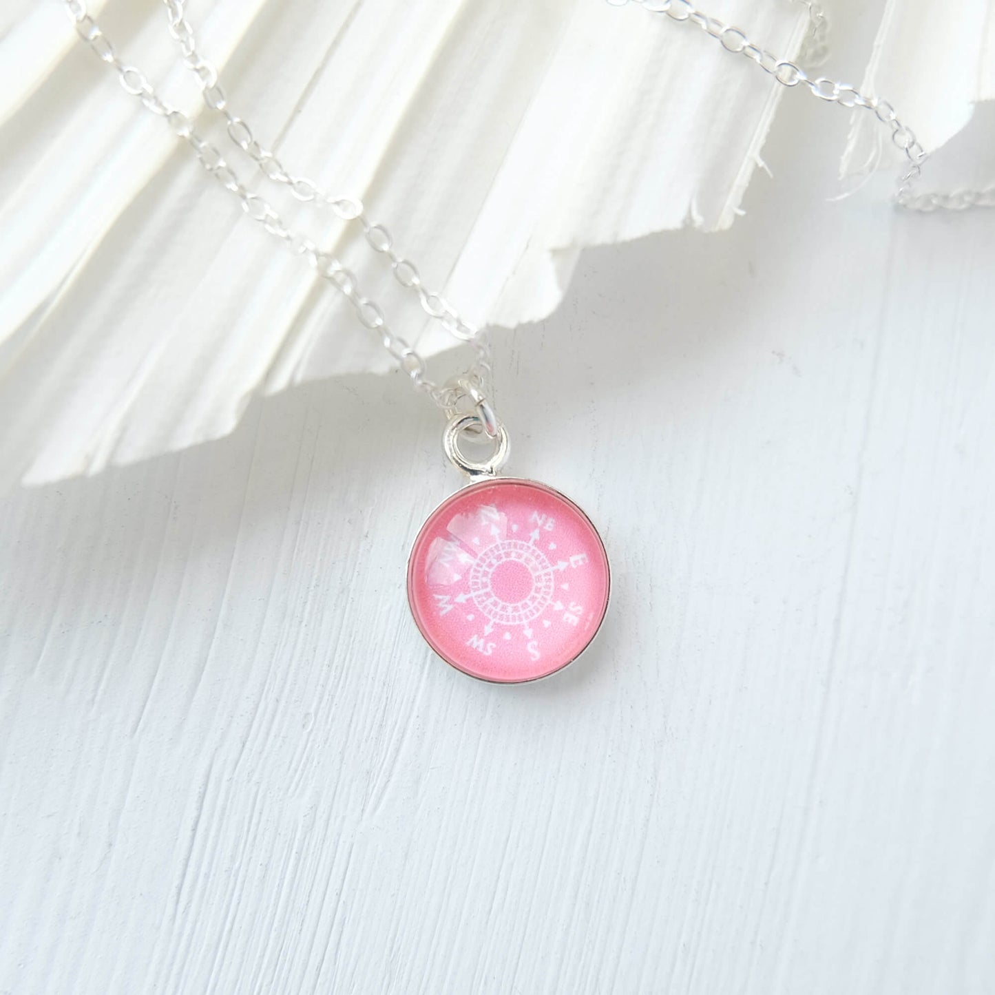 Sterling Silver Coral Pink Compass Necklace