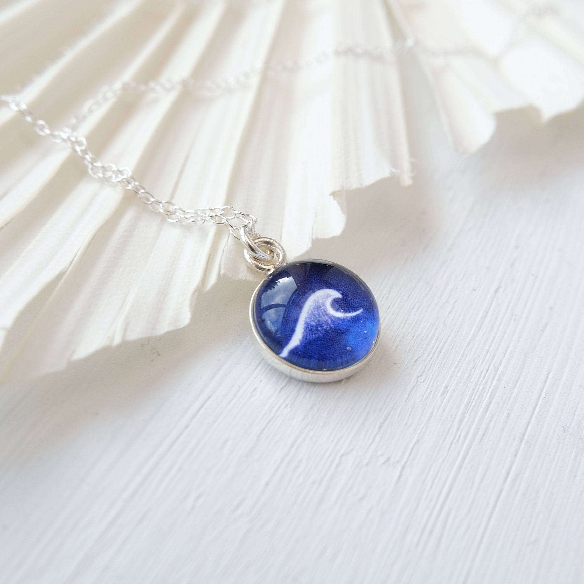 Sterling Silver Wave Necklace - Deep Sea Navy Blue