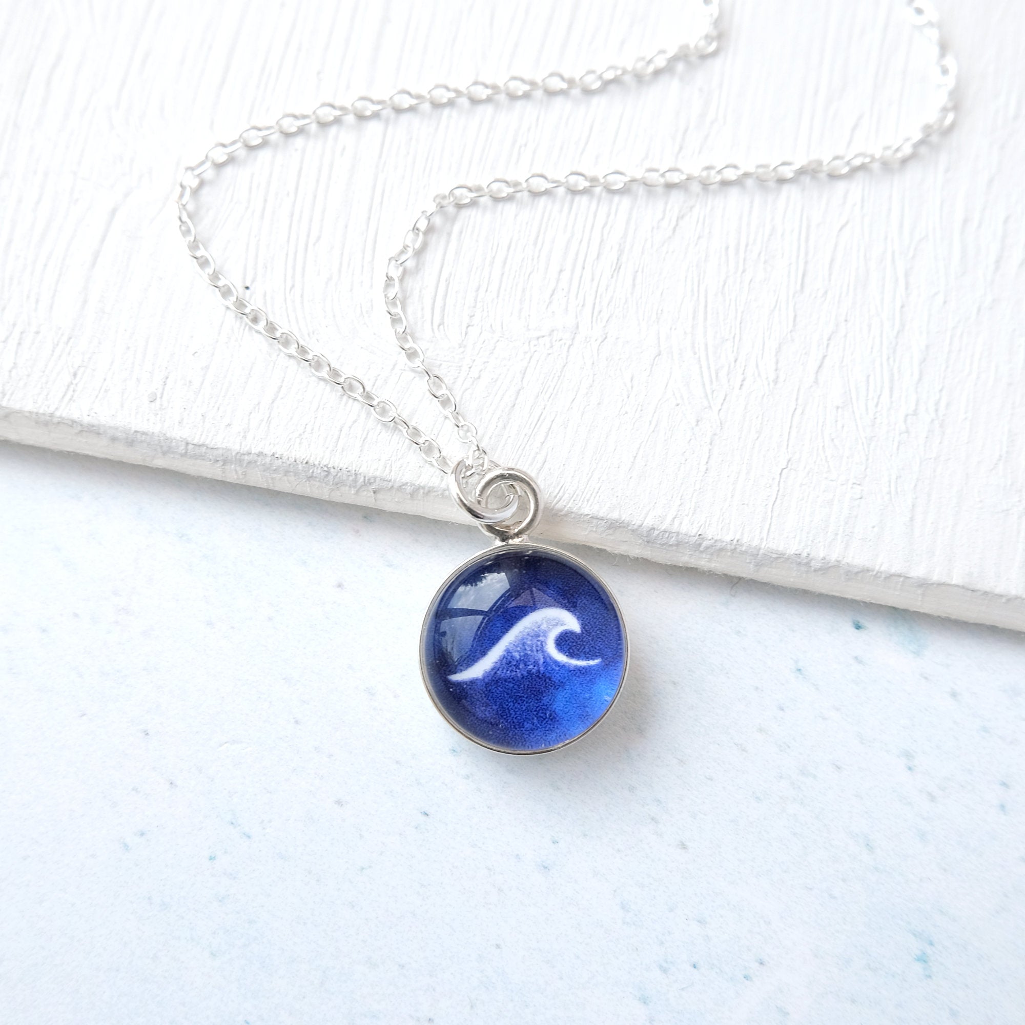 Sterling Silver Wave Necklace - Deep Sea Navy Blue