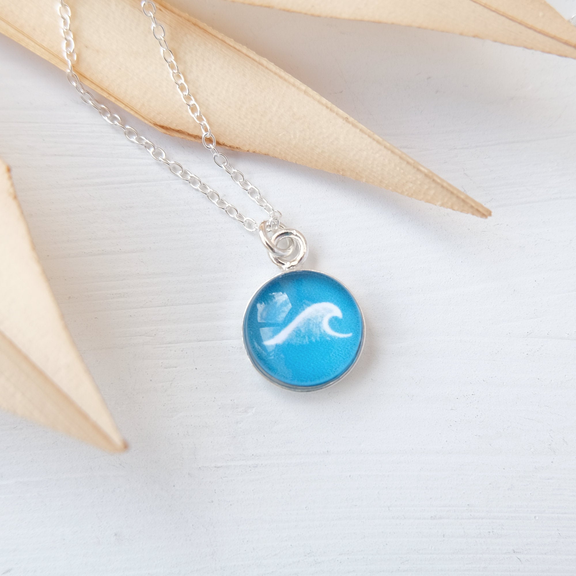 Sterling Silver Wave Necklace - Lagoon Teal Blue