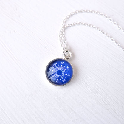 Navy Blue Sterling Silver Compass Necklace