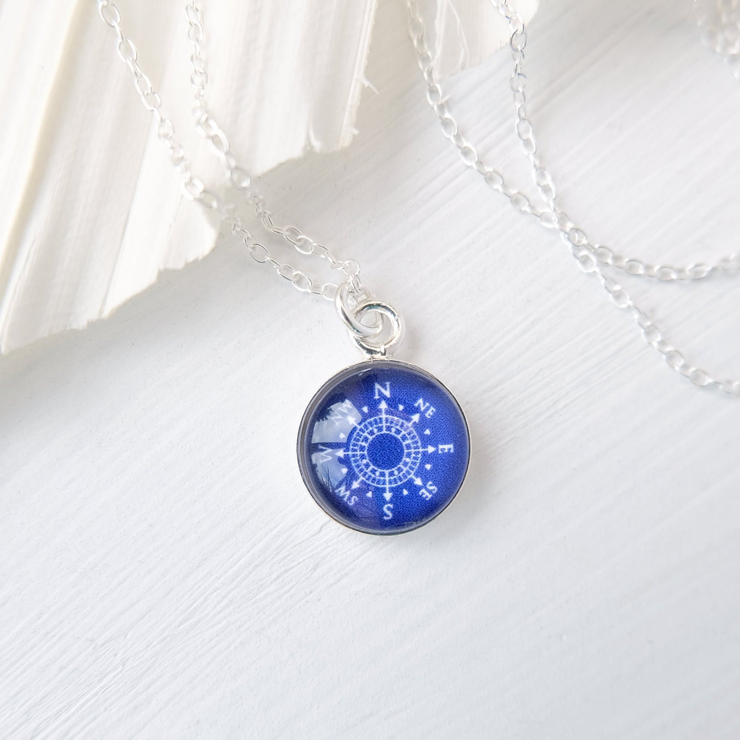 Navy Blue Sterling Silver Compass Necklace