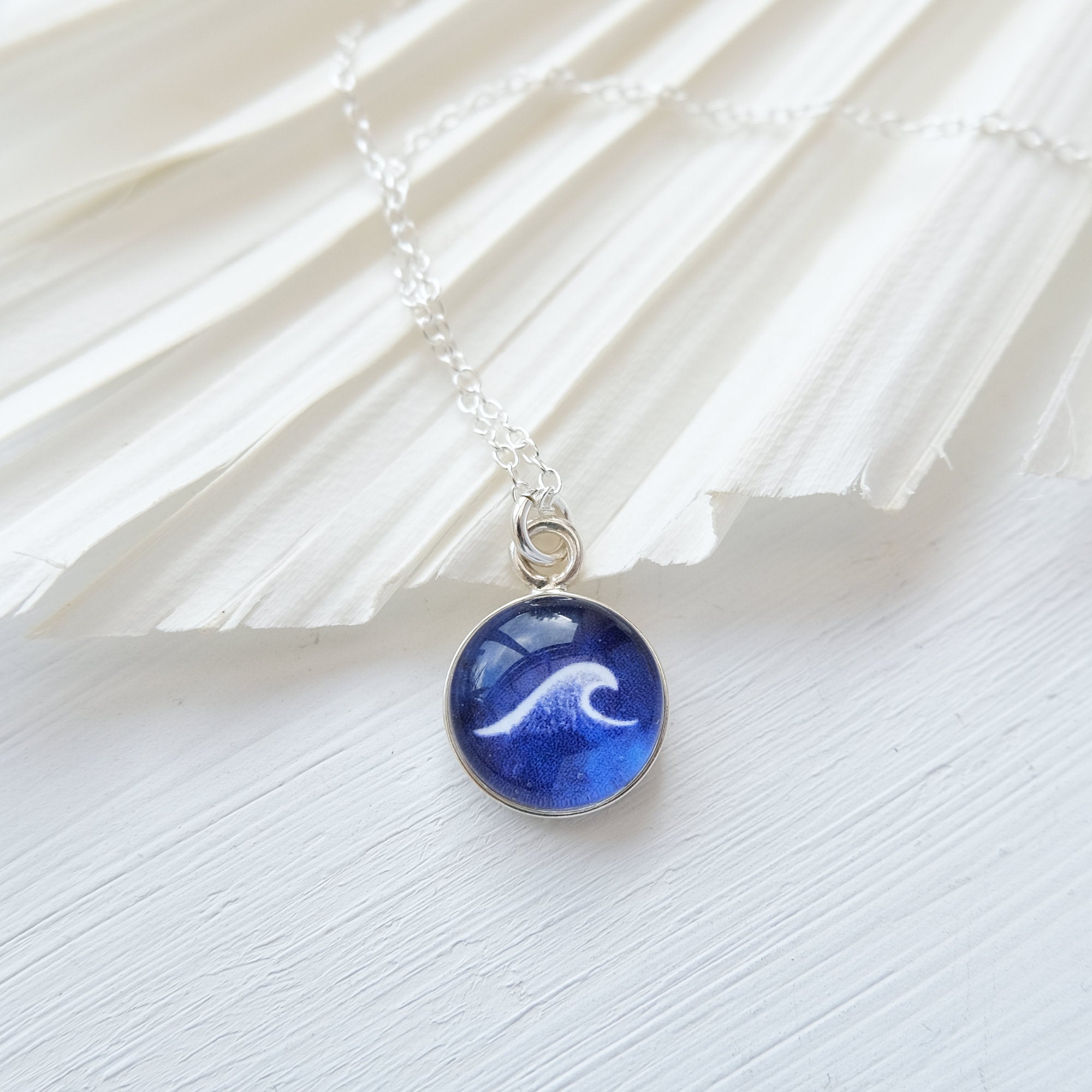 Sterling Silver Wave Necklace - Deep Sea Navy Blue